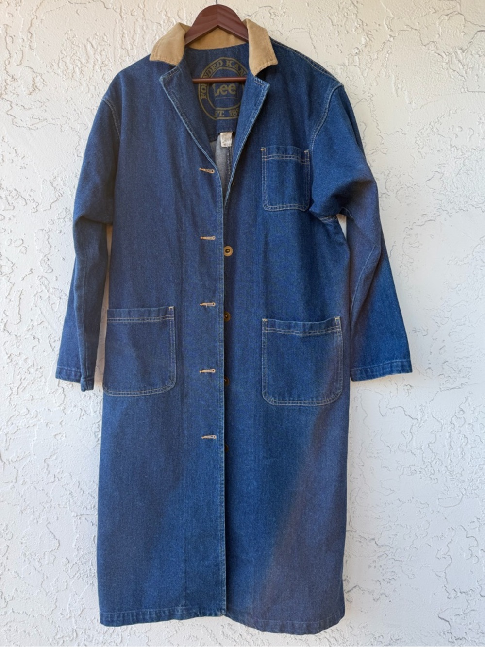 VTG Lee 80s Long Blue Denim Jean Jacket Coat Medium 🌕🌹